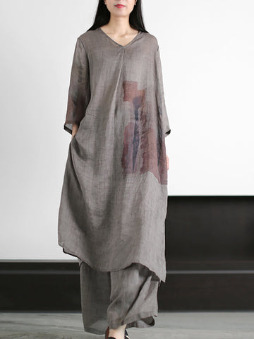 Plus Size Women Vintage Print 100%Ramie Long Shirt+Pants ZZ1056 Ada Fashion