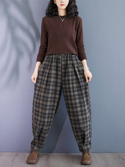 Women Autumn Retro Plaid Thick Cotton Harem Pants BA1036 Genistyle Shop