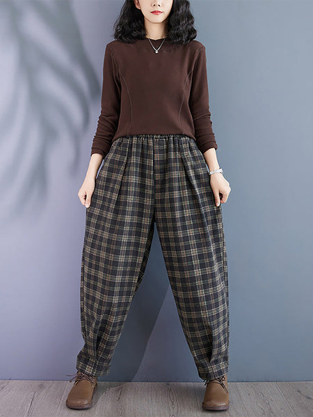 Women Autumn Retro Plaid Thick Cotton Harem Pants BA1036 Genistyle Shop