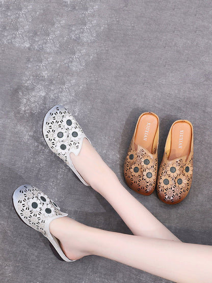 Women Summer Leather Flower Spliced Cutout Slippers OO1019 TJPX