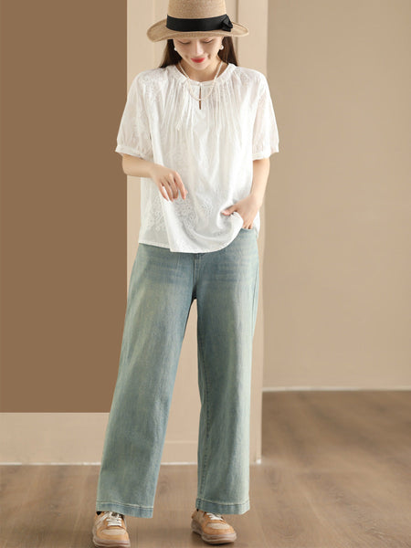 Women Artsy Solid Jacquard Shirred Cotton Loose Shirt XX1018 Ada Fashion