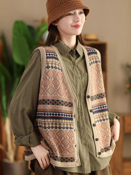 Women Ethnic Stripe V-Neck Cotton Vest WG027 BUYKUD