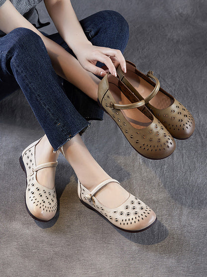 Genuine Shoes Women Summer Hollow Out Heel Low Leather FashionChic