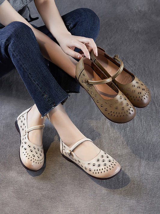 Genuine Shoes Women Summer Hollow Out Heel Low Leather FashionChic