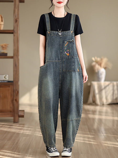 Women Summer Floral Embroidery Denim Jumpusuits PA1004 Ada Fashion