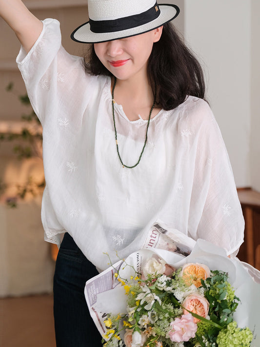 Plus Size Women Summer Embroidery Thin Ramie Shirt XX1030 Ada Fashion