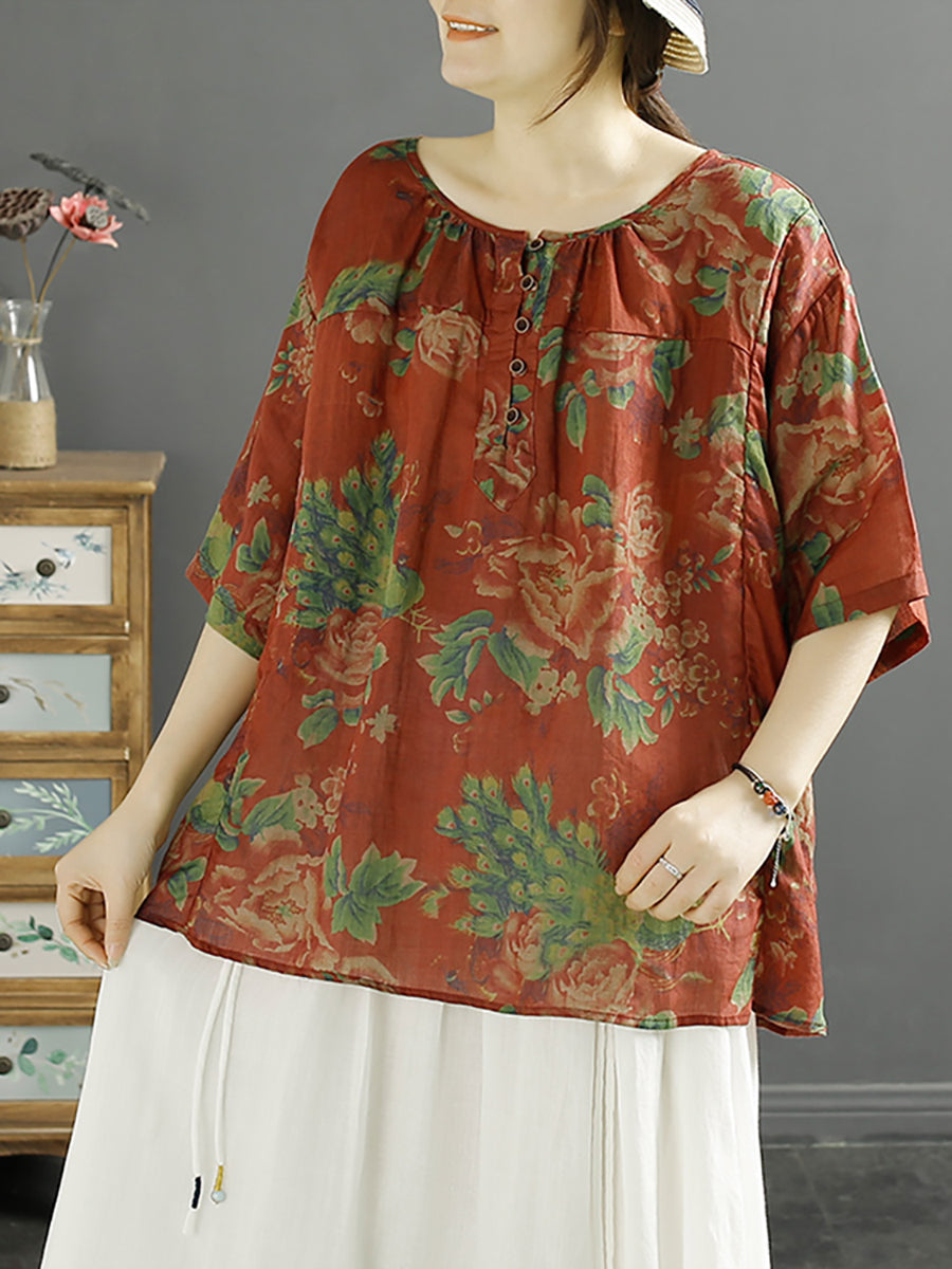 Women Vintage Floral Summer 100%Ramie Loose Shirt XX1051 Ada Fashion