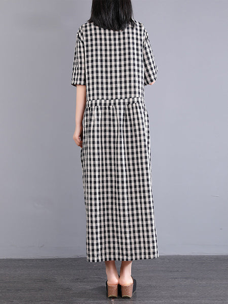 Plus Size Women Casual Plaid Summer Cotton Linen Dress SC1061 Ada Fashion