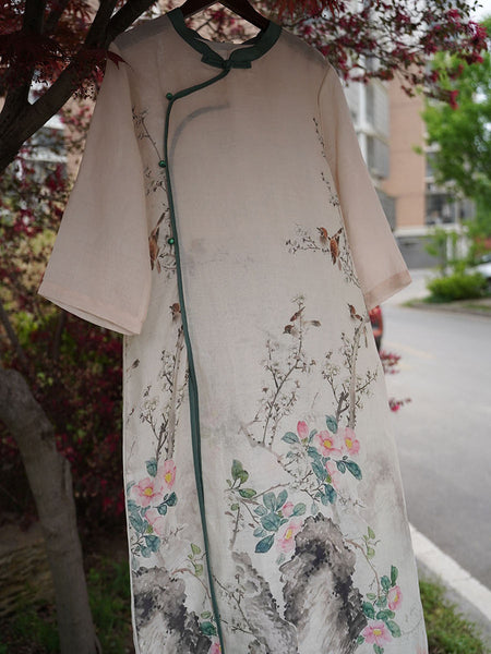 Women Ethnic Summer Flower Print Ramie Robe Dress XX1019 Ada Fashion