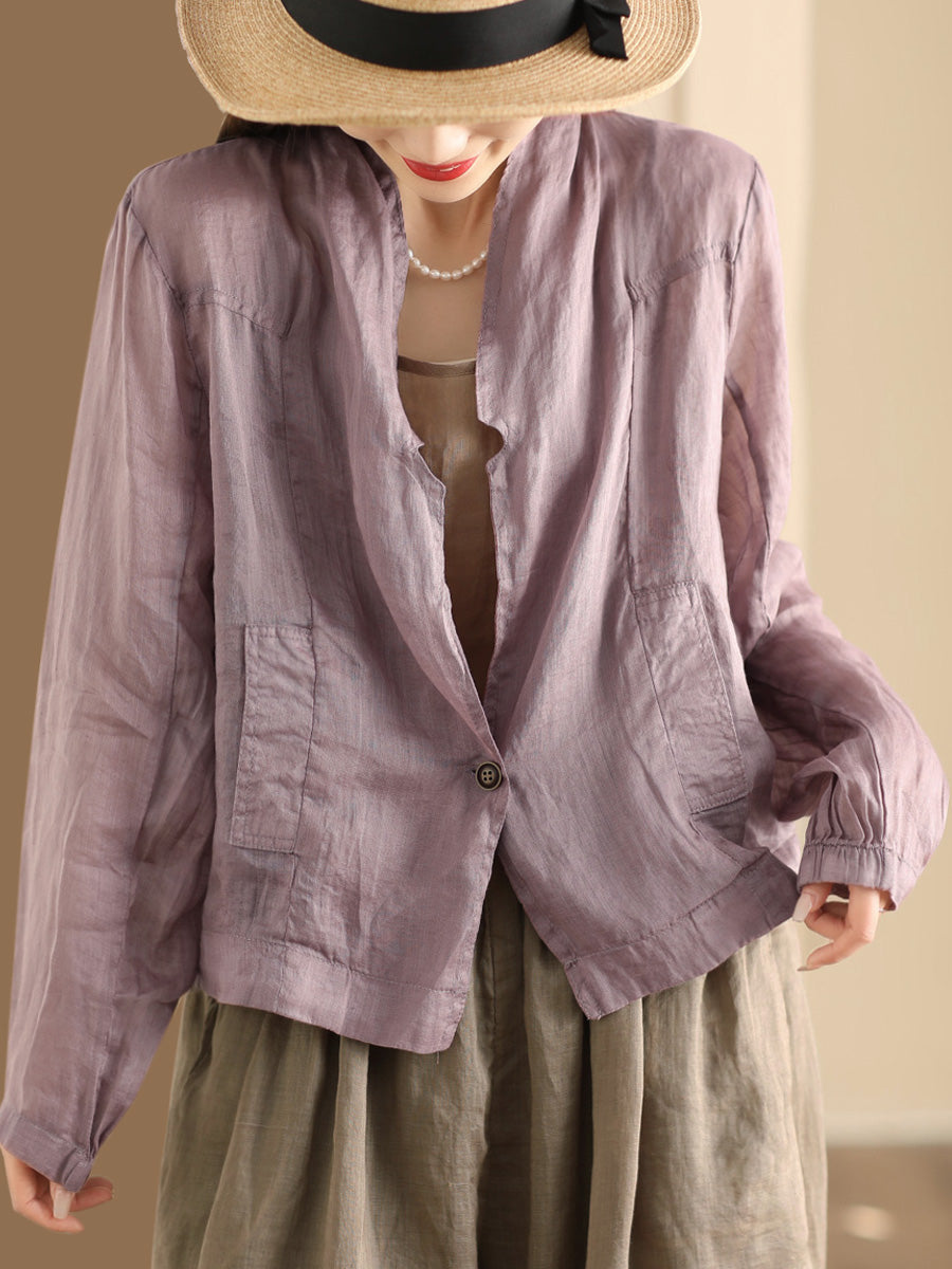 Women Vintage Solid Summer Ramie Thin Cardigan Shirt Coat SC1056 Ada Fashion