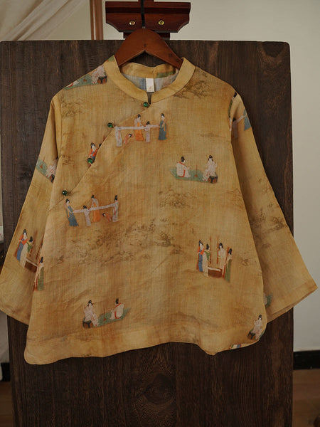 Women Ethnic Print Ramie Stand Collar Loose Shirt FG1043 Ada Fashion