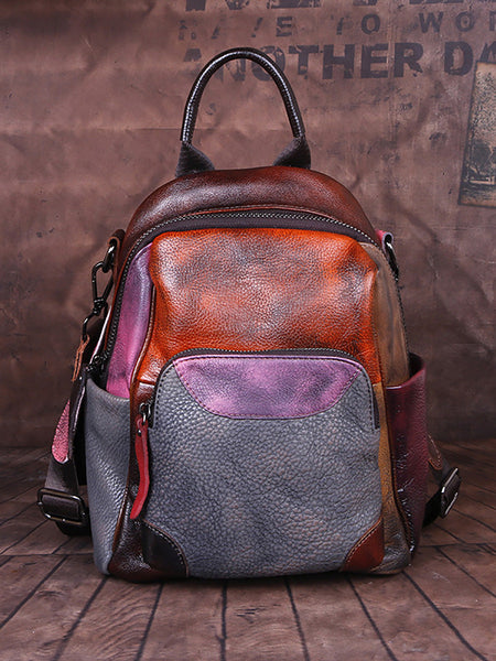 Women Colorblock Hand Painted Outdoor Leather Backpack AH1072 HDW