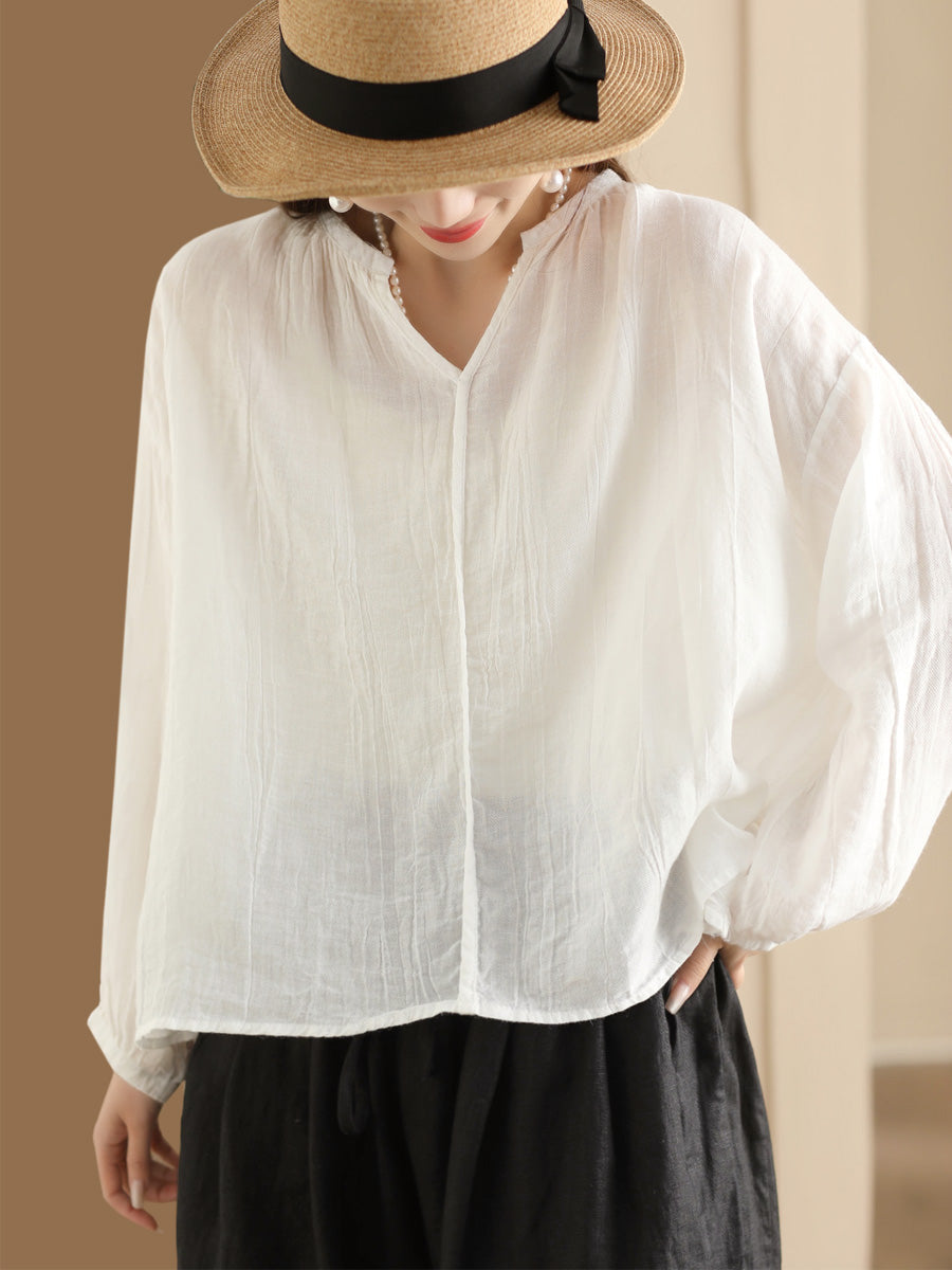 Women Spring Solid Vintage Ramie V-neck Blouse CO1013 Ada Fashion