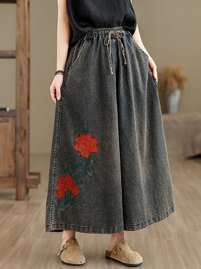 Women Summer Vintage Flower Denim Wide-leg Pants OP1010 BUYKUD