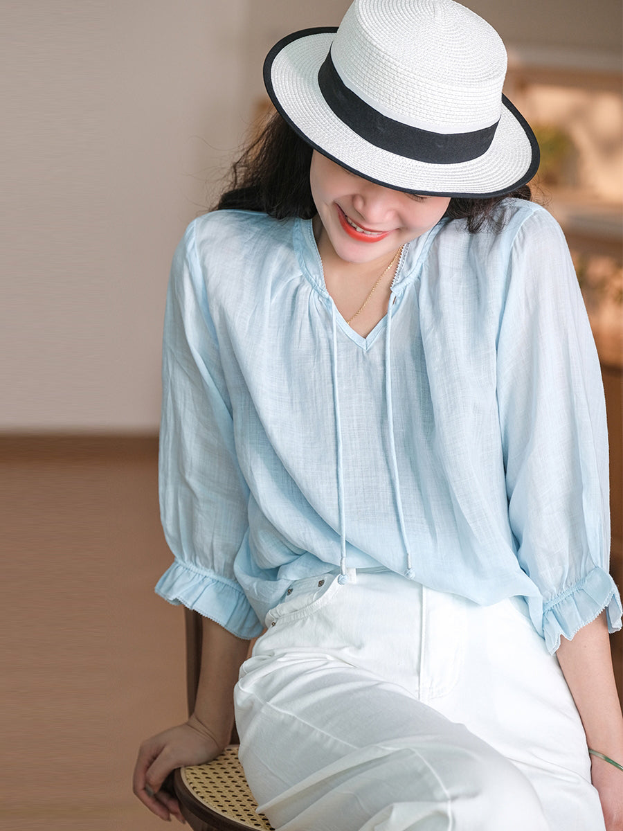 Women Summer Solid Ruffle-Sleeve Ramie Thin Shirt WE1026 Ada Fashion