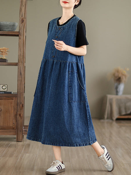 Women Casual Summer Solid Denim Vest Dress XX1026 Ada Fashion