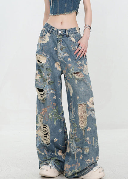 High Hole Print Denim Unique Blue Waist Summer Pants FashionChic