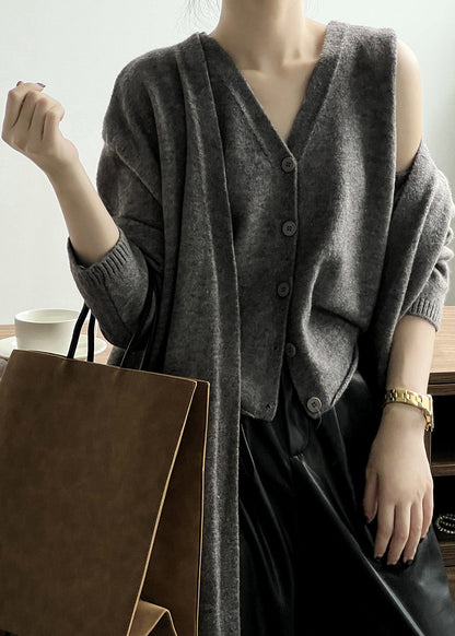 Loose Camel V Neck Tank And Cardigan Knit Two Piece Set Fall AF1097 HS-TPIEC240914