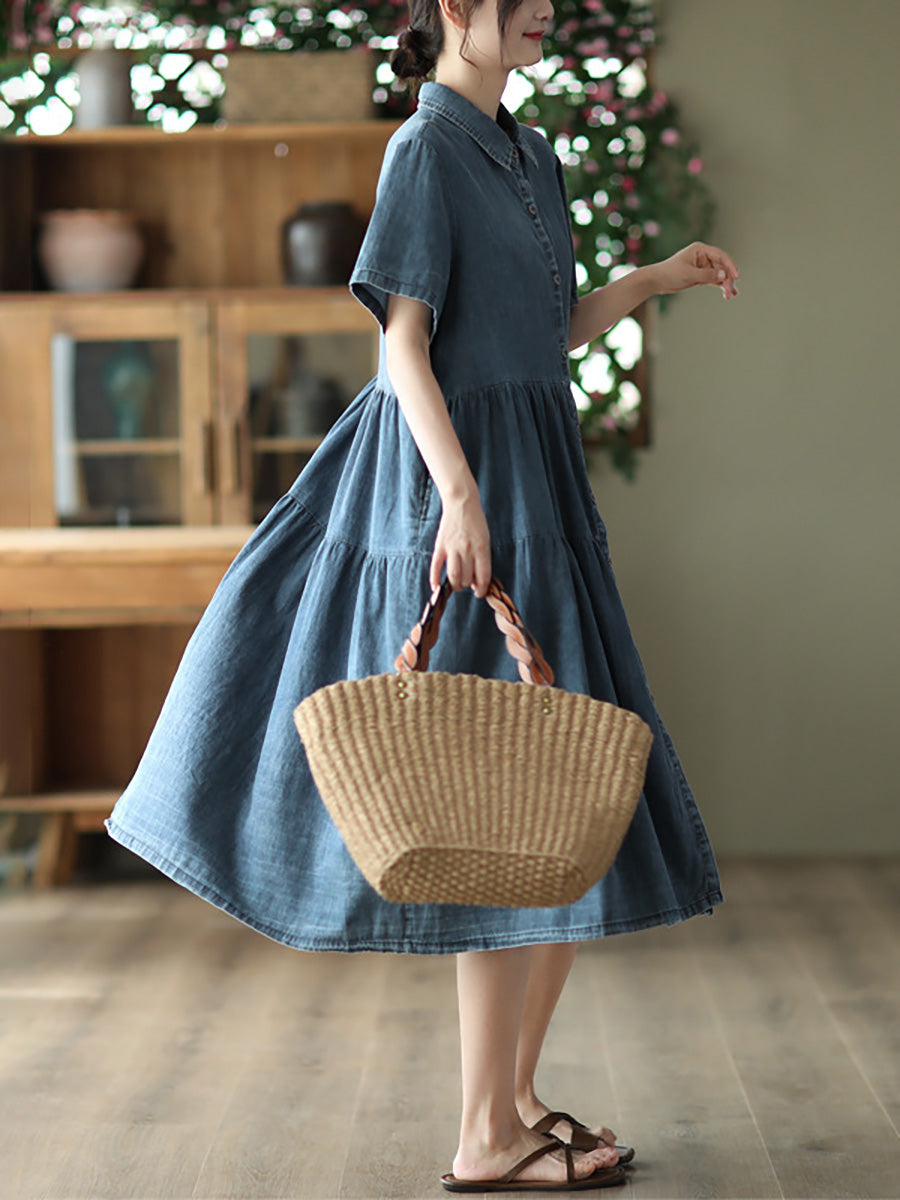 Women Summer Casual Solid Button-up Pleated Dress LL024 ZMMM