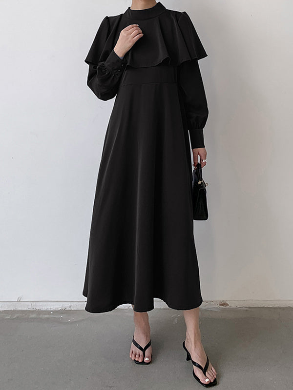 Ruffle Waist Long Mock Tied A-Line Elegant Trim Neck Coffee FashionChic