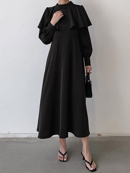 Ruffle Waist Long Mock Tied A-Line Elegant Trim Neck Coffee FashionChic