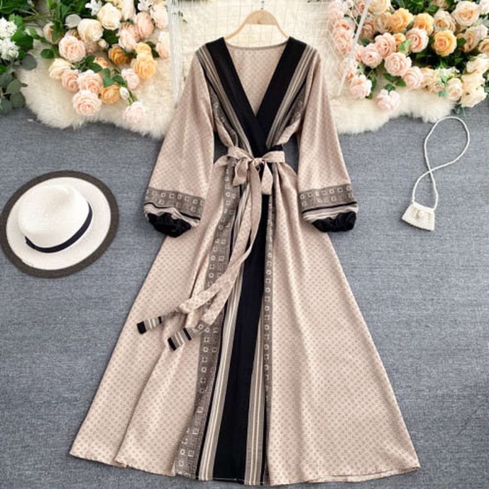 Vintage Brown V-neck Tie Waist Printed Long Puff Sleeve Dress AR1003 shopify