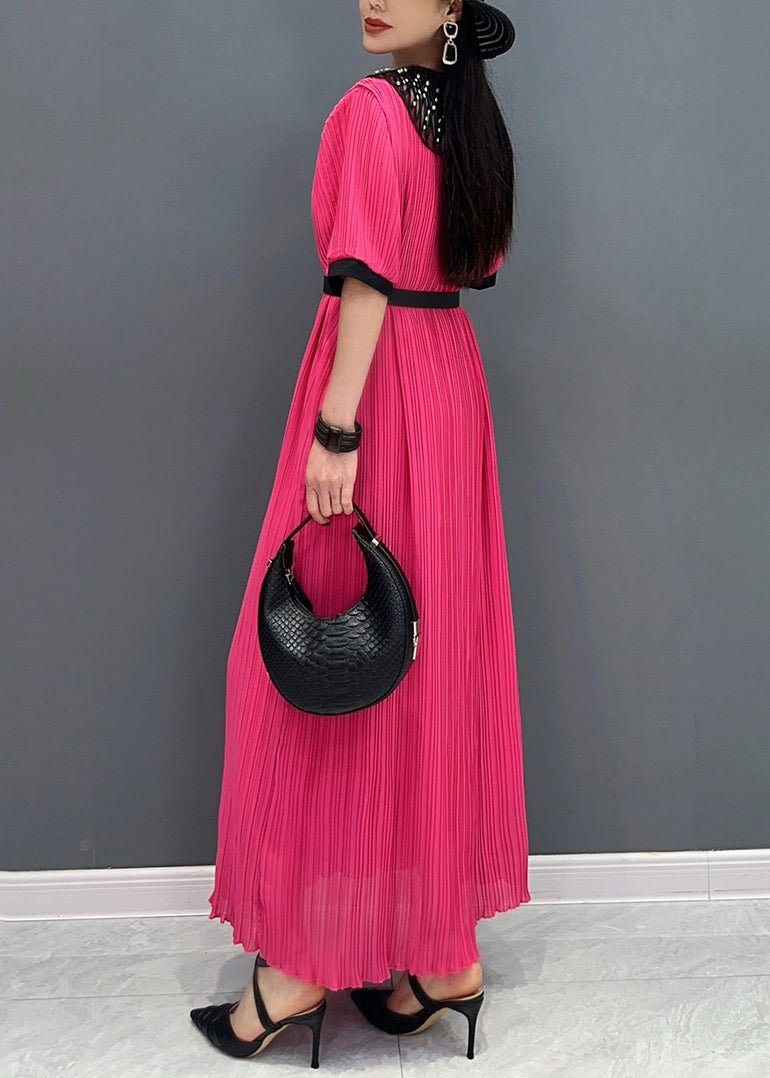 Style Red O-Neck Wrinkled Long Dress Short Sleeve AO1023 JDML-SDL240909