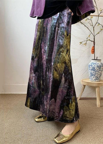 Dye Velvet Loose Silk Purple Tie Elastic Skirts Side Open Waist FashionChic