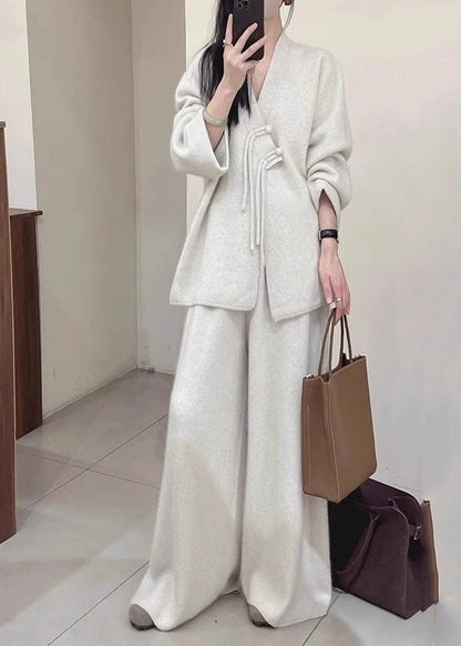 Brief Light Grey V Neck Button Knit Coats And Pants Two Piece Set Fall WV028 ABC