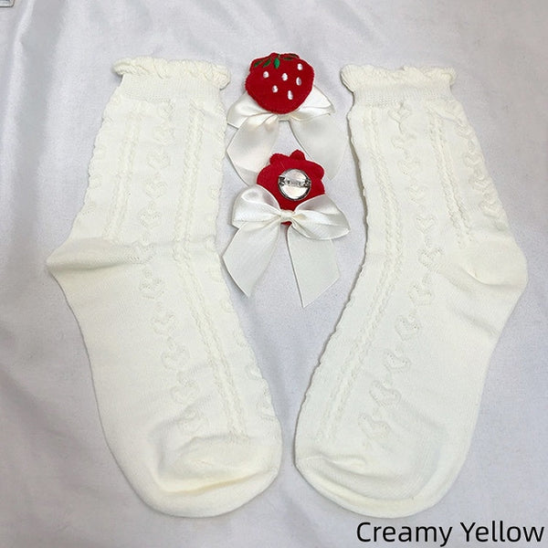 Ruffled White/Creamy Cotton Detachable Yellow/Black Bowknot Decorated Socks Strawberry FashionChic