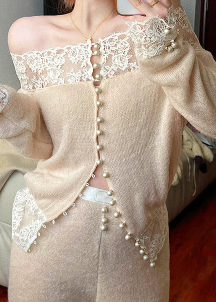 Two Apricot Piece Knit Set Slash Patchwork Lace Neck Suit Fine FashionChic