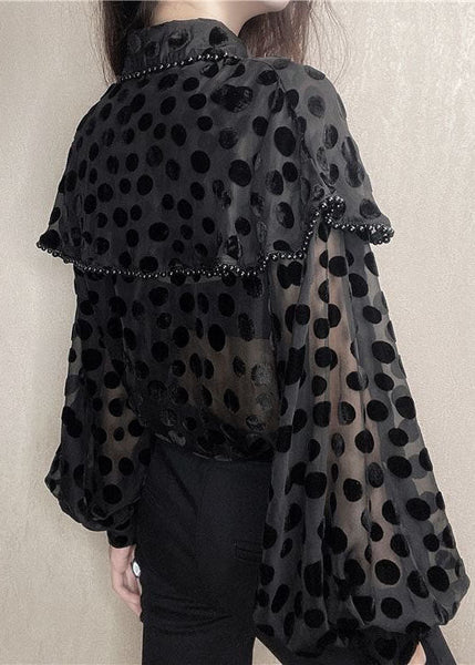 Patchwork Black Unique Velour Blouses Nail Collar Pan Bead Peter FashionChic