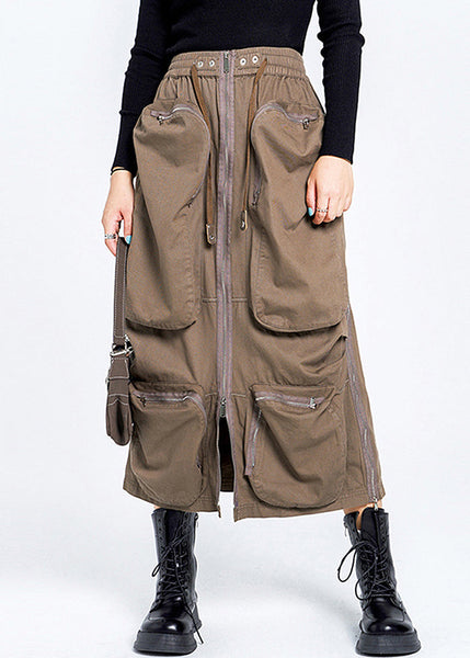 Summer Zippered Elastic Waist Skirt Pockets Loose Cotton Brown FashionChic