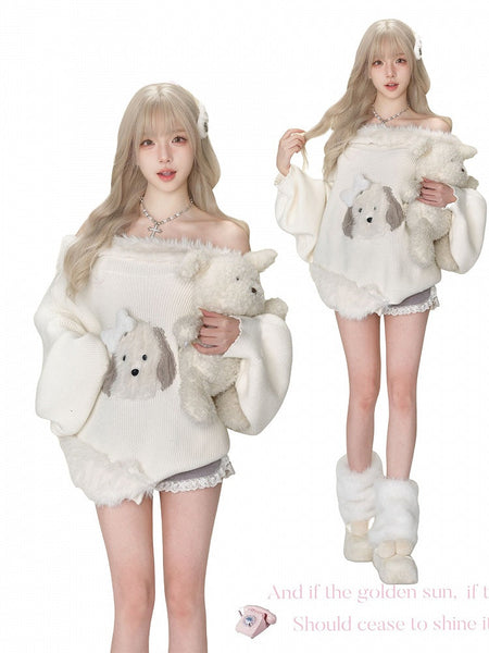 Kawaii - Decor with Bone Brooch Plush Sweater Accents Off-Shoulder Daily White Puppy FashionChic