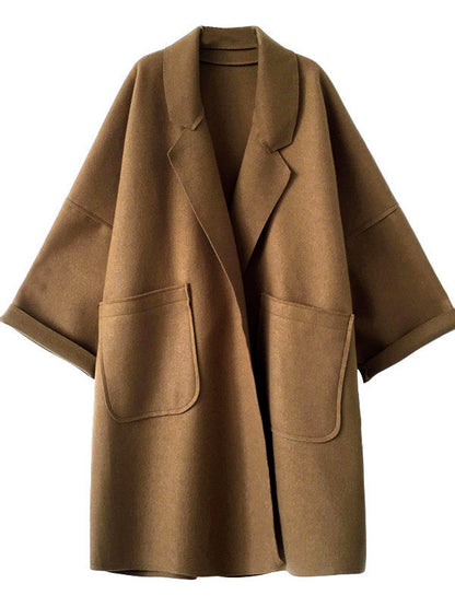 Elegant Loose Khaki Notched Collar Buttoned Pockets Long Sleeves Woolen Coat WS013 shopify