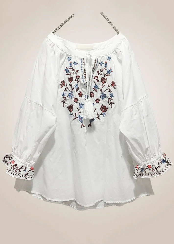 Grace Red Embroidered Lace Up Cotton Shirt Long Sleeve QR025 GSK-240929