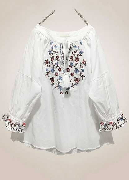 Grace Red Embroidered Lace Up Cotton Shirt Long Sleeve QR025 GSK-240929