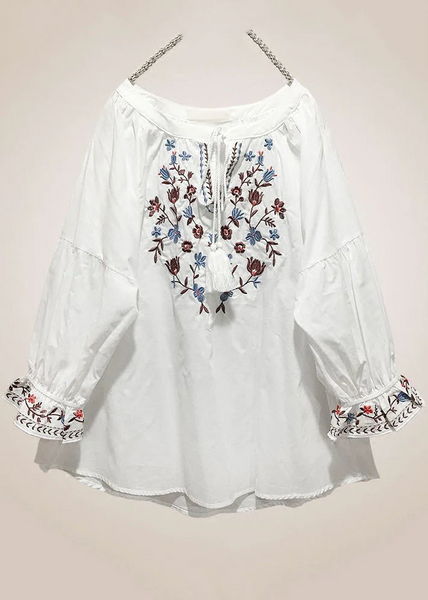 Grace Red Embroidered Lace Up Cotton Shirt Long Sleeve QR025 GSK-240929