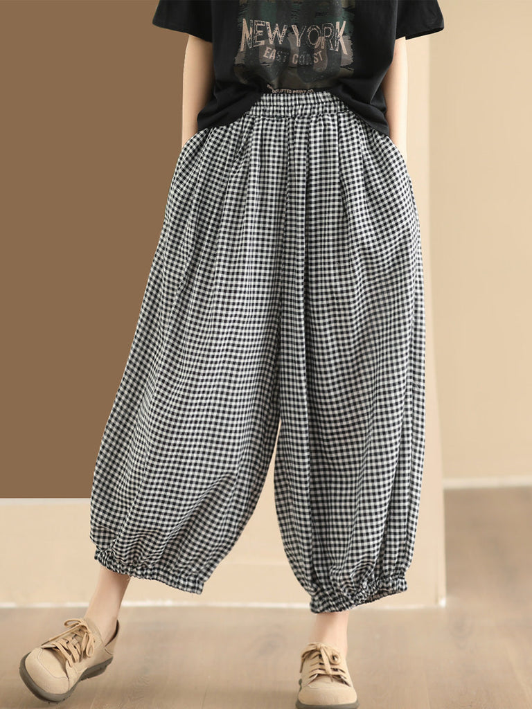 Women Summer Vintage Plaid Cotton Harem Pants ZZ1046 Ada Fashion