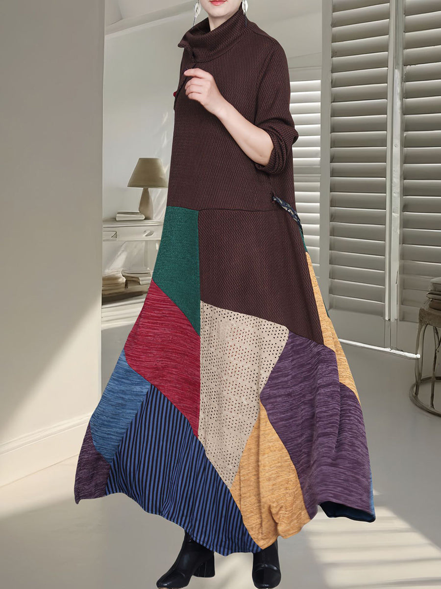 Women Autumn Colorblock Half Turtleneck Knit Dress QU011 BUYKUD