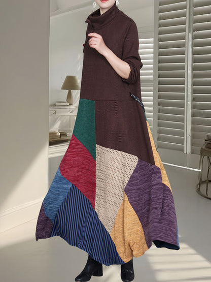 Women Autumn Colorblock Half Turtleneck Knit Dress QU011 BUYKUD