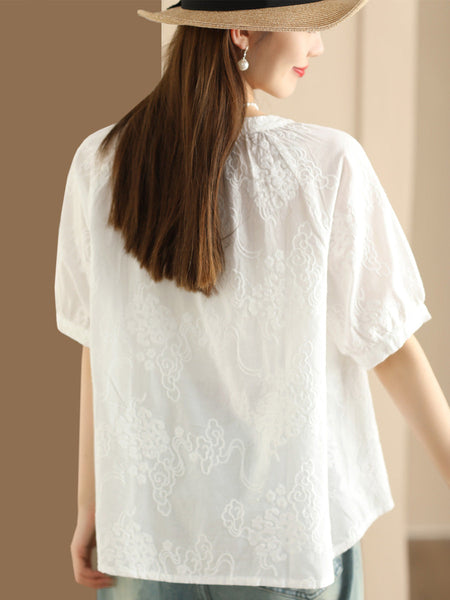 Women Artsy Solid Jacquard Shirred Cotton Loose Shirt XX1018 Ada Fashion