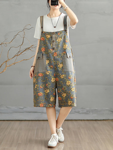 Denim Jumpsuits Short Artsy Women Flower Summer FashionChic