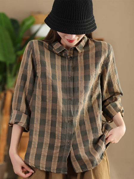 Women Autumn Vintage Plaid Button-up Linen Blouse AT1038 ZMMM