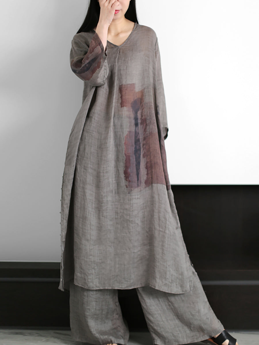 Plus Size Women Vintage Print 100%Ramie Long Shirt+Pants ZZ1056 Ada Fashion