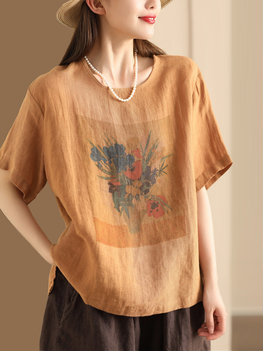 Women Summer Casual Flower Linen Pullover Shirt TY1022 Ada Fashion