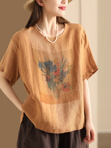 Women Summer Casual Flower Linen Pullover Shirt TY1022 Ada Fashion