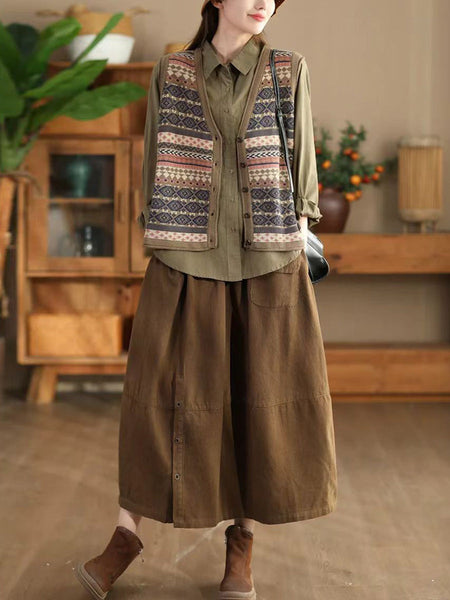 Women Ethnic Stripe V-Neck Cotton Vest WG027 BUYKUD