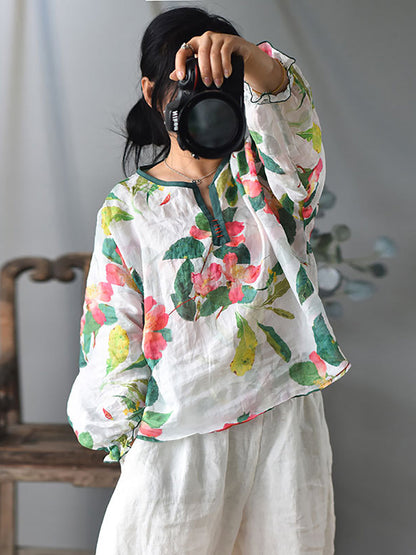 Women Ethnic Spring Flower Print V-Neck Shirt LL060 QYMM