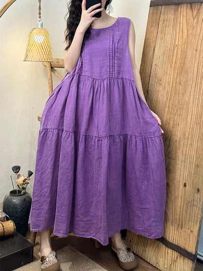 Women Summer Vintage Solid Shirred Linen Vest Dress CV1040 Ada Fashion